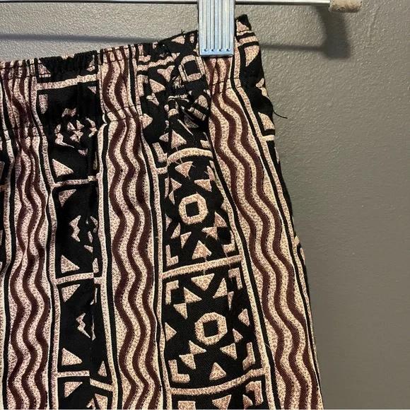 Vintage abstract vacation shorts elastic drawstring high waist black brown tan M - Picture 4 of 10